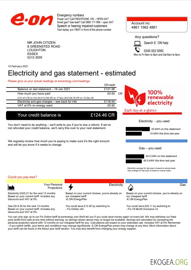 United Kingdom e.on utility bill template in word and pdf format, version 3 2 template